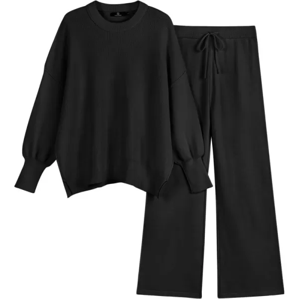 LILLUSORY Women 2 Piece Outfits Sweatsuit Sweater Sets Oversized Knit Pullover Tops Wide Leg Pants Lounge Set