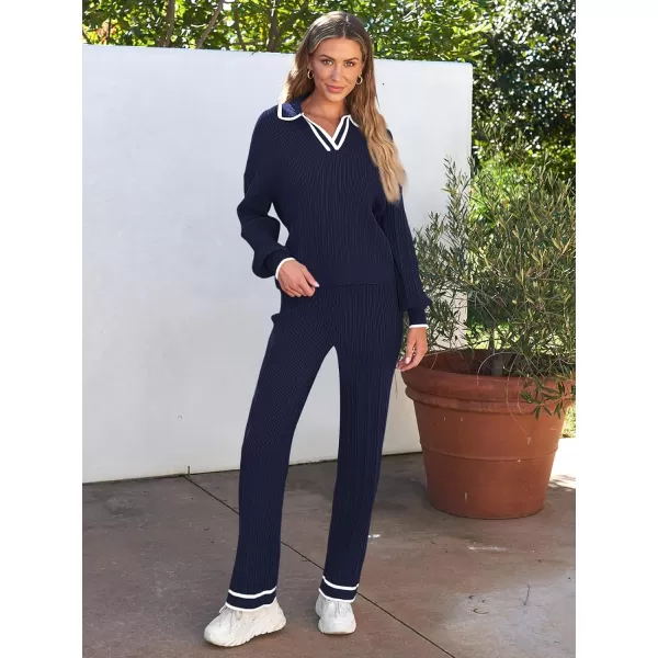 LILLUSORY Women's 2 Piece Outfits Knit Lounge Sets V Neck Sweater Top And Wide Leg Pants Sweatsuit