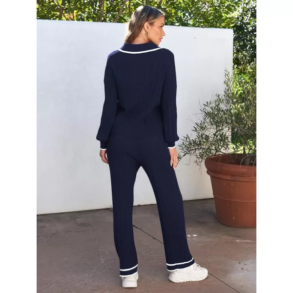LILLUSORY Women's 2 Piece Outfits Knit Lounge Sets V Neck Sweater Top And Wide Leg Pants Sweatsuit