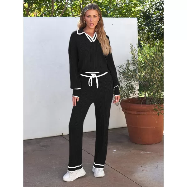 LILLUSORY Women's 2 Piece Outfits Knit Lounge Sets V Neck Sweater Top And Wide Leg Pants Sweatsuit