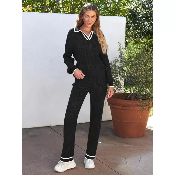 LILLUSORY Women's 2 Piece Outfits Knit Lounge Sets V Neck Sweater Top And Wide Leg Pants Sweatsuit