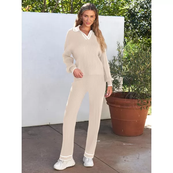 LILLUSORY Women's 2 Piece Outfits Knit Lounge Sets V Neck Sweater Top And Wide Leg Pants Sweatsuit