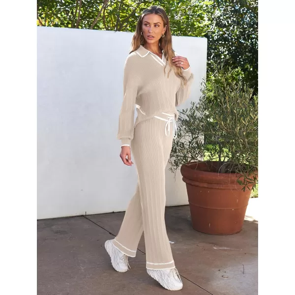 LILLUSORY Women's 2 Piece Outfits Knit Lounge Sets V Neck Sweater Top And Wide Leg Pants Sweatsuit