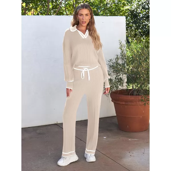 LILLUSORY Women's 2 Piece Outfits Knit Lounge Sets V Neck Sweater Top And Wide Leg Pants Sweatsuit