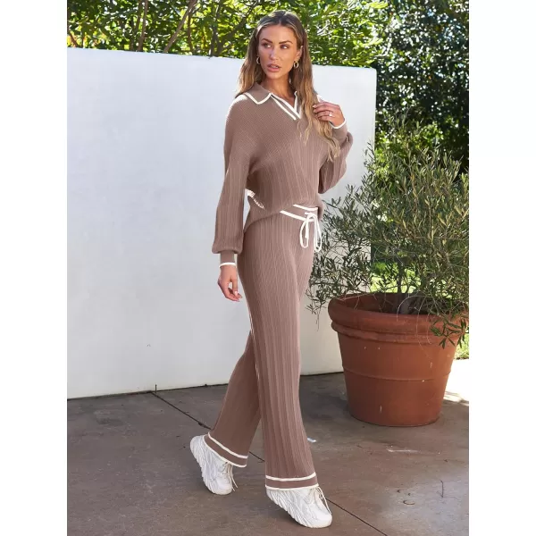 LILLUSORY Women's 2 Piece Outfits Knit Lounge Sets V Neck Sweater Top And Wide Leg Pants Sweatsuit
