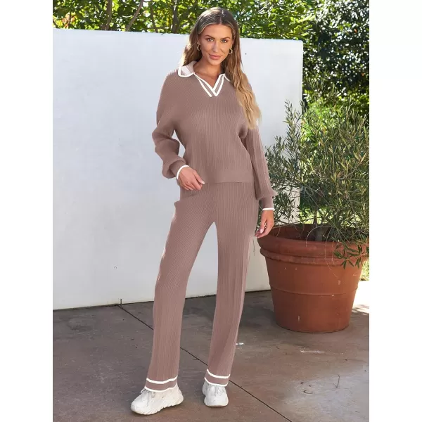 LILLUSORY Women's 2 Piece Outfits Knit Lounge Sets V Neck Sweater Top And Wide Leg Pants Sweatsuit