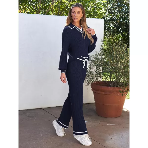 LILLUSORY Women's 2 Piece Outfits Knit Lounge Sets V Neck Sweater Top And Wide Leg Pants Sweatsuit