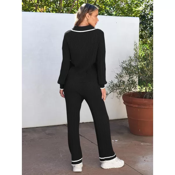 LILLUSORY Women's 2 Piece Outfits Knit Lounge Sets V Neck Sweater Top And Wide Leg Pants Sweatsuit