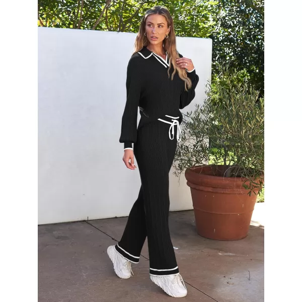 LILLUSORY Women's 2 Piece Outfits Knit Lounge Sets V Neck Sweater Top And Wide Leg Pants Sweatsuit