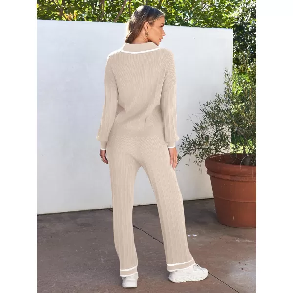 LILLUSORY Women's 2 Piece Outfits Knit Lounge Sets V Neck Sweater Top And Wide Leg Pants Sweatsuit