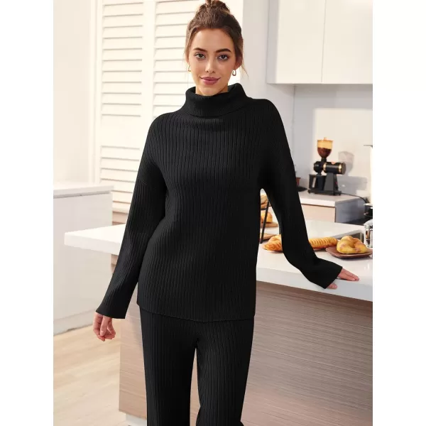 LILLUSORY Women's 2 Piece Outfits Turtleneck Sweaters Lounge Set and Wide Leg Pants Cozy Knit Sweatsuit Sets