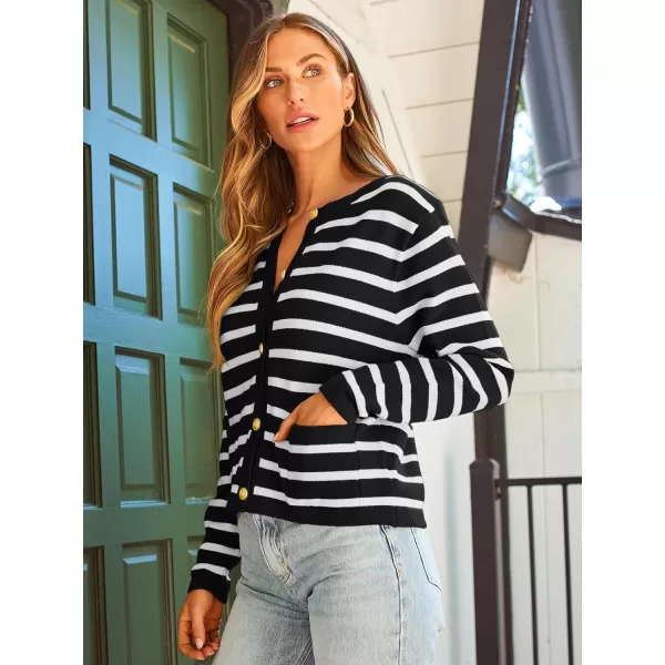 LILLUSORY Women's Crew Neck Gold Buttons Cardigan Sweaters Lady Jacket with Patch Pockets