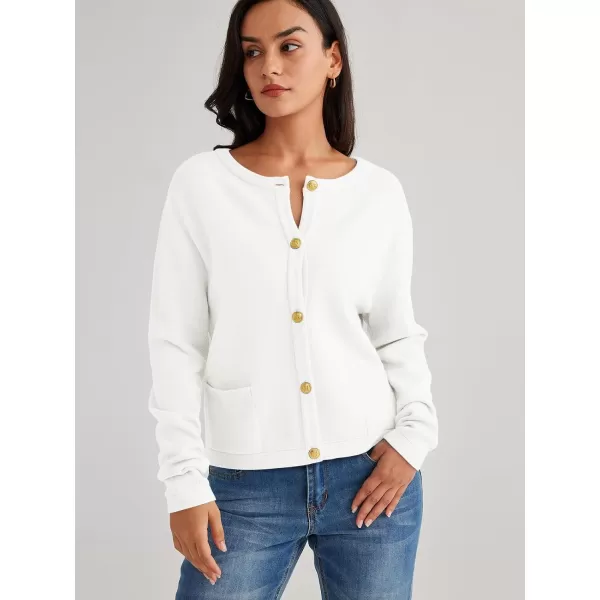 LILLUSORY Women's Crew Neck Gold Buttons Cardigan Sweaters Lady Jacket with Patch Pockets