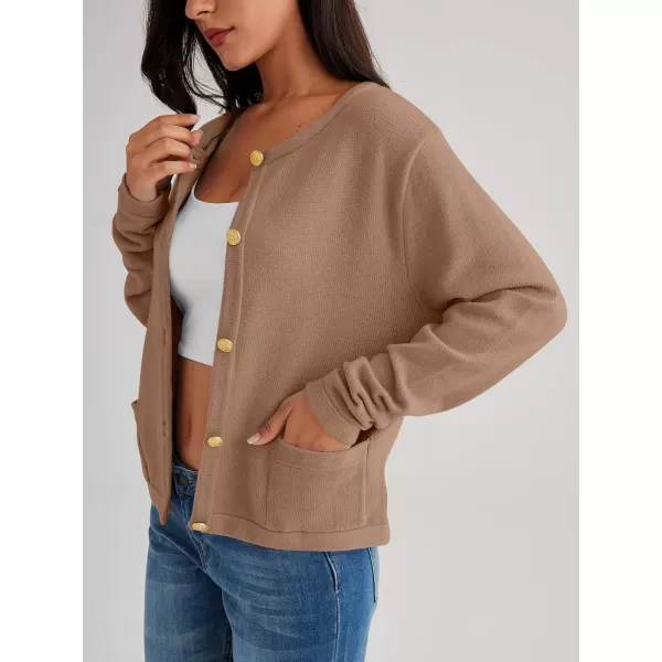 LILLUSORY Women's Crew Neck Gold Buttons Cardigan Sweaters Lady Jacket with Patch Pockets