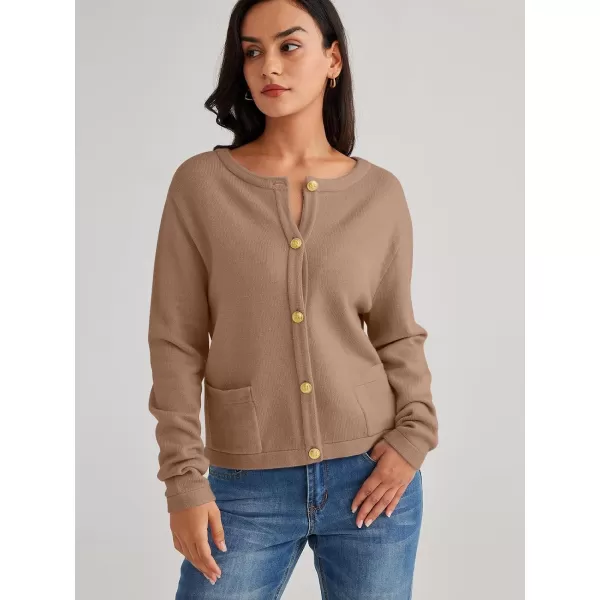 LILLUSORY Women's Crew Neck Gold Buttons Cardigan Sweaters Lady Jacket with Patch Pockets