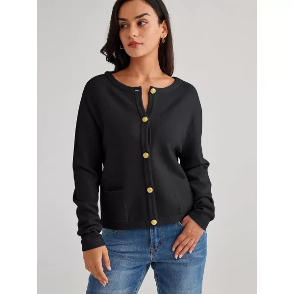 LILLUSORY Women's Crew Neck Gold Buttons Cardigan Sweaters Lady Jacket with Patch Pockets