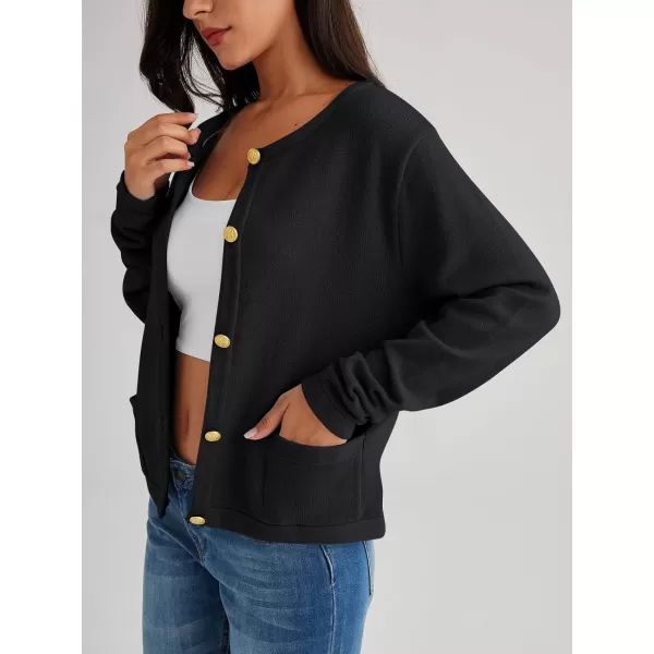 LILLUSORY Women's Crew Neck Gold Buttons Cardigan Sweaters Lady Jacket with Patch Pockets