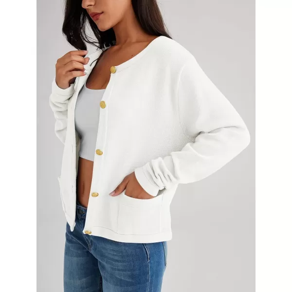 LILLUSORY Women's Crew Neck Gold Buttons Cardigan Sweaters Lady Jacket with Patch Pockets