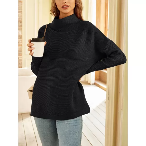 LILLUSORY Women's Mock Turtleneck Sweater Long Batwing Sleeve Split Hem Casual Oversized Knit Pullover Tunic Tops