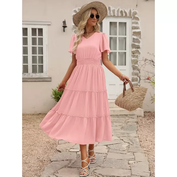 LILLUSORY Womens Smocked Modest Flowy Tiered Maxi Dresses 2023 Summer Casual Short Flutter Sleeve Long Dress