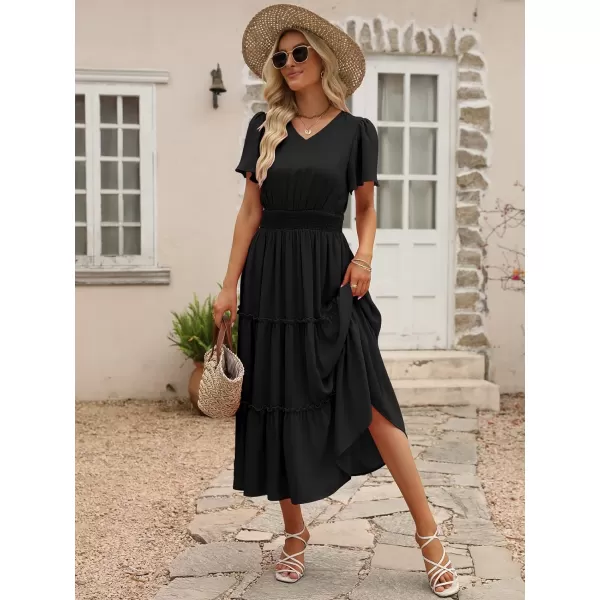 LILLUSORY Womens Smocked Modest Flowy Tiered Maxi Dresses 2023 Summer Casual Short Flutter Sleeve Long Dress