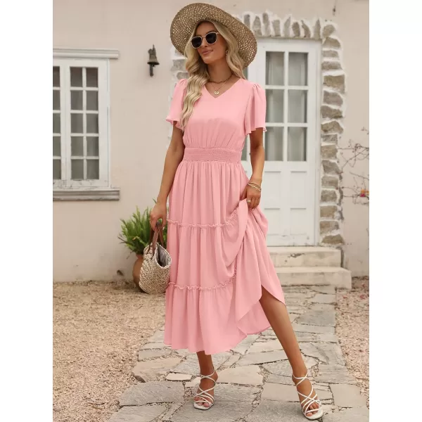 LILLUSORY Womens Smocked Modest Flowy Tiered Maxi Dresses 2023 Summer Casual Short Flutter Sleeve Long Dress