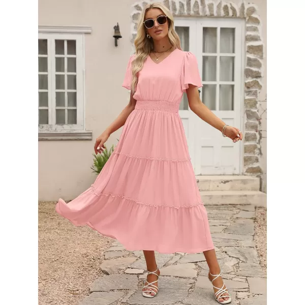 LILLUSORY Womens Smocked Modest Flowy Tiered Maxi Dresses 2023 Summer Casual Short Flutter Sleeve Long Dress