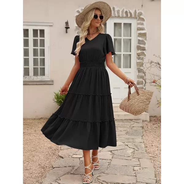 LILLUSORY Womens Smocked Modest Flowy Tiered Maxi Dresses 2023 Summer Casual Short Flutter Sleeve Long Dress