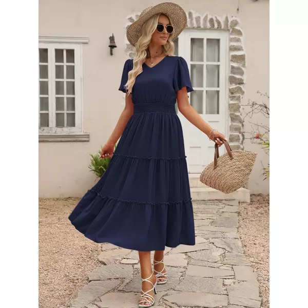 LILLUSORY Womens Smocked Modest Flowy Tiered Maxi Dresses 2023 Summer Casual Short Flutter Sleeve Long Dress