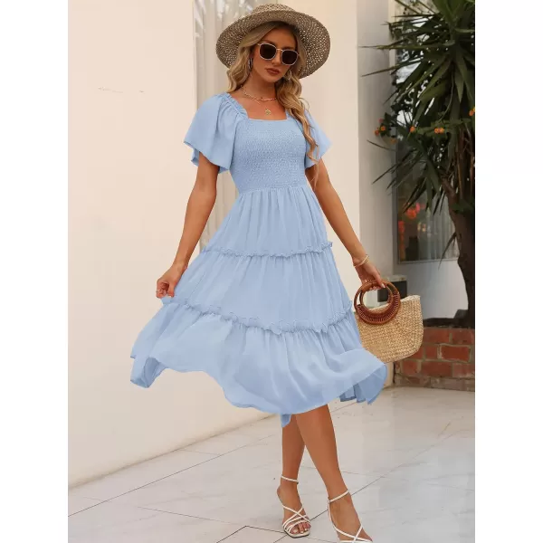 LILLUSORY Women's Summer Casual Flutter Sleeve Square Neck Smocked Midi Dress