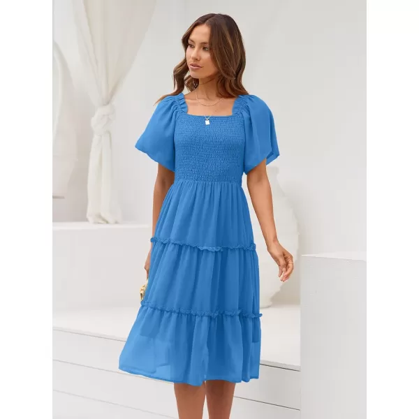 LILLUSORY Women's Summer Casual Flutter Sleeve Square Neck Smocked Midi Dress