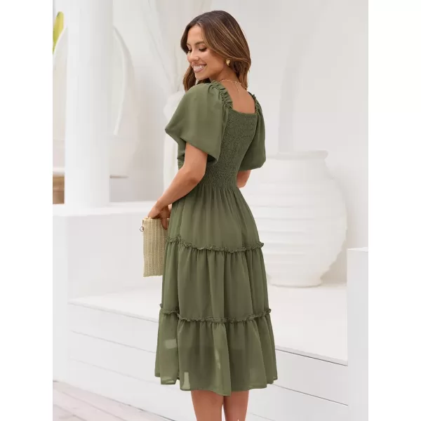 LILLUSORY Women's Summer Casual Flutter Sleeve Square Neck Smocked Midi Dress