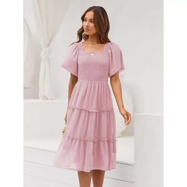 LILLUSORY Women's Summer Casual Flutter Sleeve Square Neck Smocked Midi Dress
