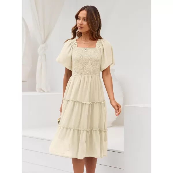 LILLUSORY Women's Summer Casual Flutter Sleeve Square Neck Smocked Midi Dress