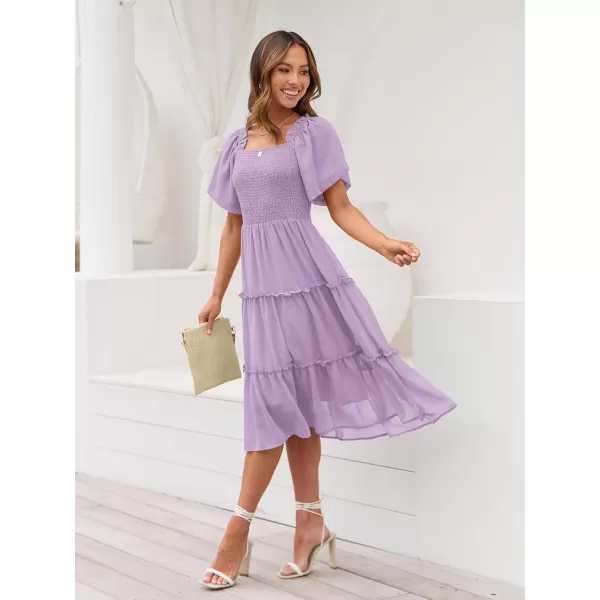 LILLUSORY Women's Summer Casual Flutter Sleeve Square Neck Smocked Midi Dress