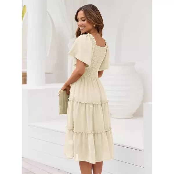 LILLUSORY Women's Summer Casual Flutter Sleeve Square Neck Smocked Midi Dress
