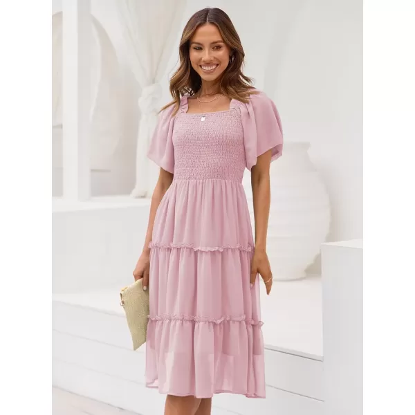 LILLUSORY Women's Summer Casual Flutter Sleeve Square Neck Smocked Midi Dress