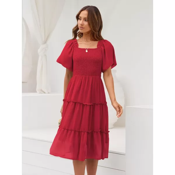 LILLUSORY Women's Summer Casual Flutter Sleeve Square Neck Smocked Midi Dress