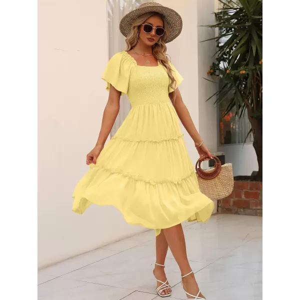 LILLUSORY Women's Summer Casual Flutter Sleeve Square Neck Smocked Midi Dress