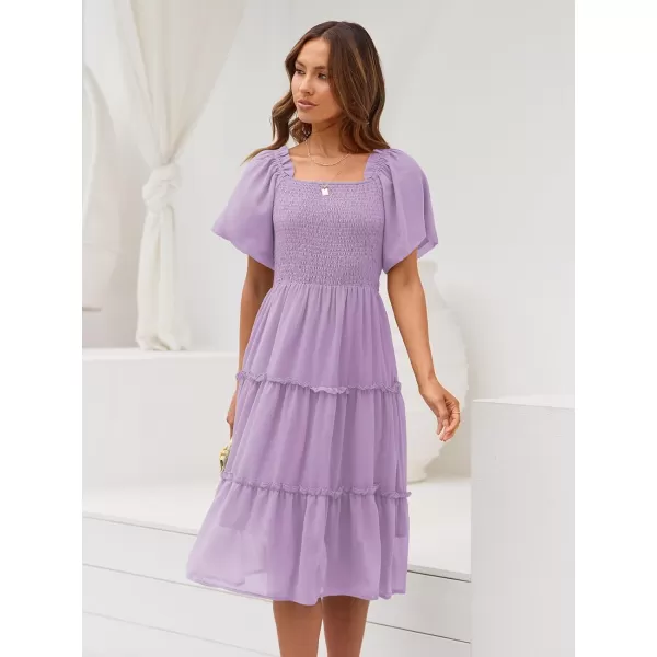 LILLUSORY Women's Summer Casual Flutter Sleeve Square Neck Smocked Midi Dress