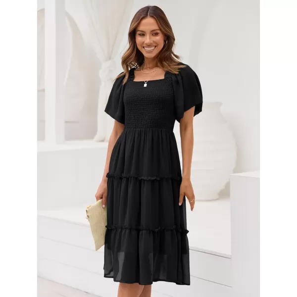 LILLUSORY Women's Summer Casual Flutter Sleeve Square Neck Smocked Midi Dress