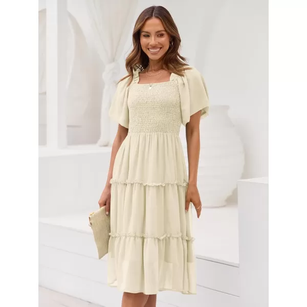 LILLUSORY Women's Summer Casual Flutter Sleeve Square Neck Smocked Midi Dress