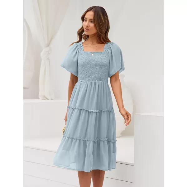 LILLUSORY Women's Summer Casual Flutter Sleeve Square Neck Smocked Midi Dress