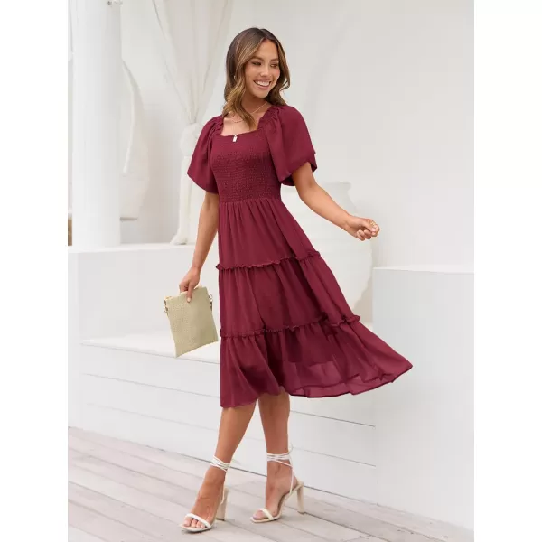 LILLUSORY Women's Summer Casual Flutter Sleeve Square Neck Smocked Midi Dress