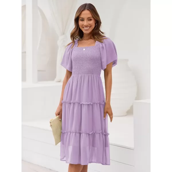 LILLUSORY Women's Summer Casual Flutter Sleeve Square Neck Smocked Midi Dress