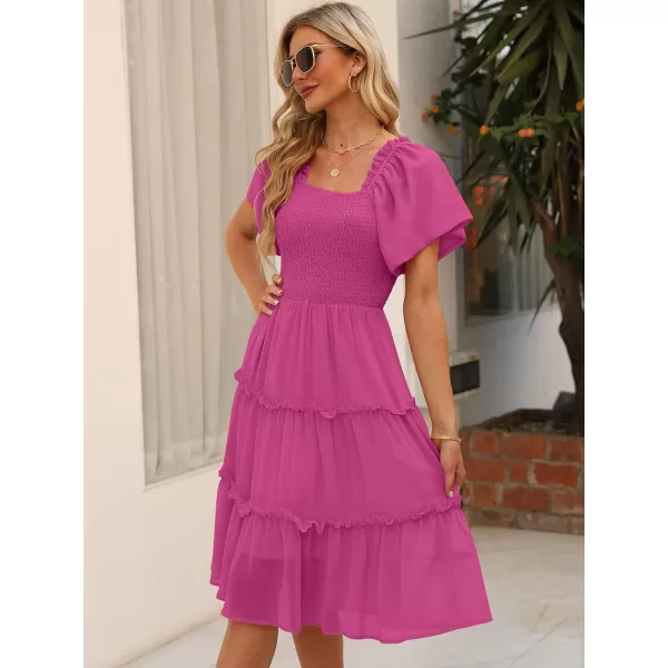 LILLUSORY Women's Summer Casual Flutter Sleeve Square Neck Smocked Midi Dress