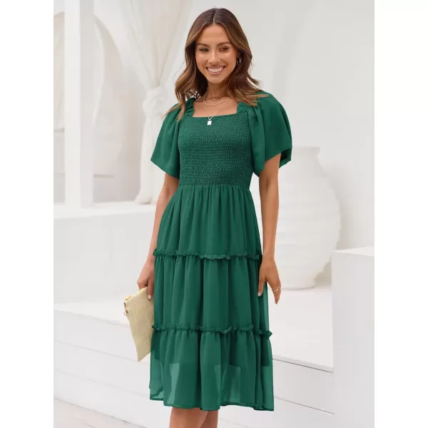 LILLUSORY Women's Summer Casual Flutter Sleeve Square Neck Smocked Midi Dress
