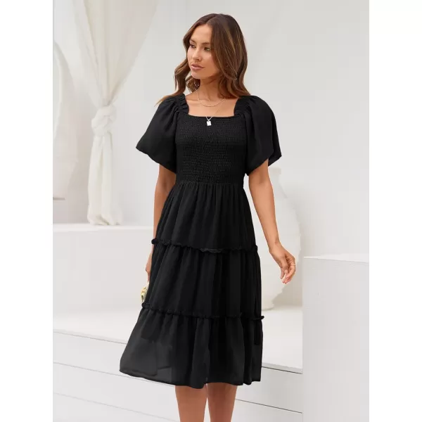 LILLUSORY Women's Summer Casual Flutter Sleeve Square Neck Smocked Midi Dress