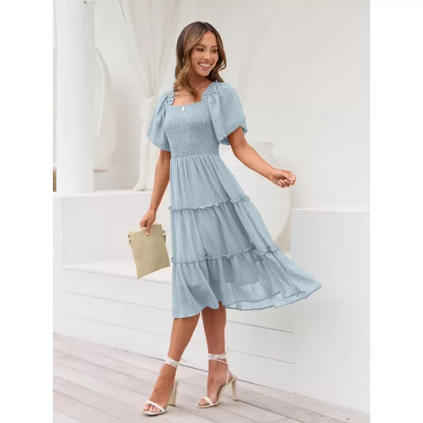 LILLUSORY Women's Summer Casual Flutter Sleeve Square Neck Smocked Midi Dress