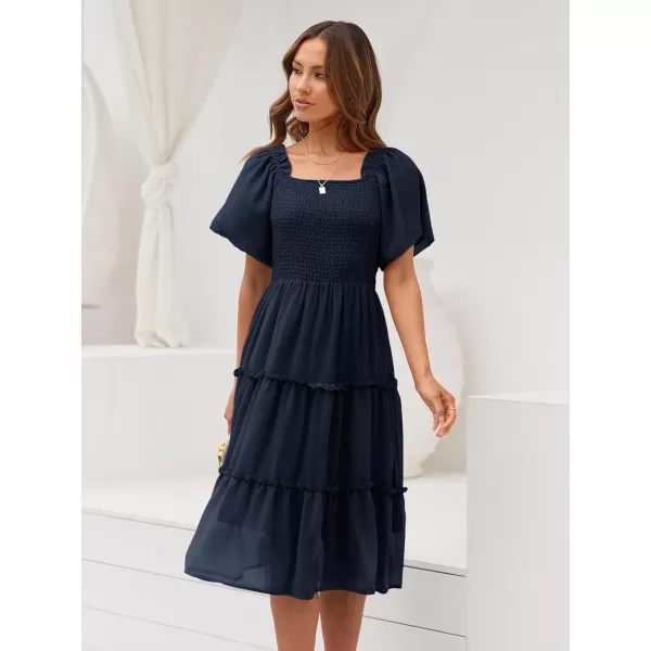 LILLUSORY Women's Summer Casual Flutter Sleeve Square Neck Smocked Midi Dress